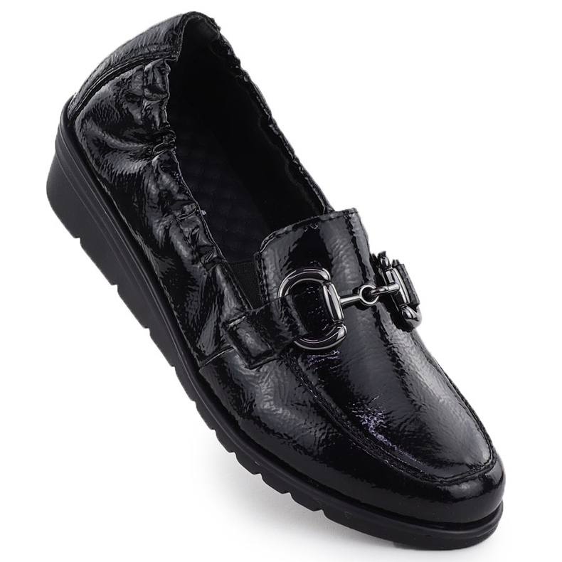 Zapatos de cuero para mujeres lacados en cuñas negras Rieker L5352-00