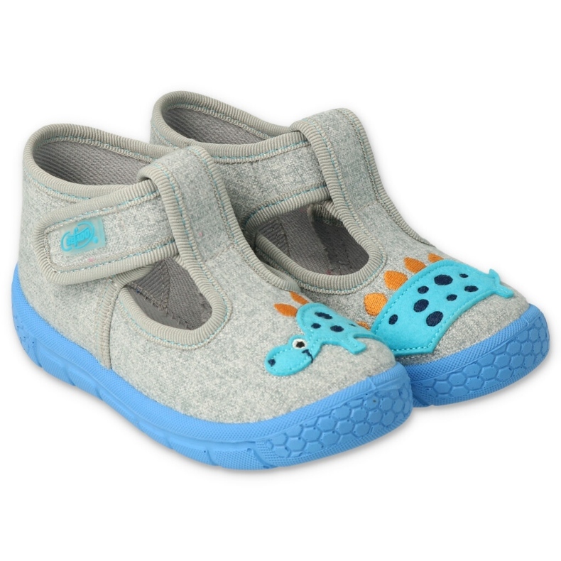 Pantuflas infantiles befado con velcro 631P043, gris con aplicación de dragón
