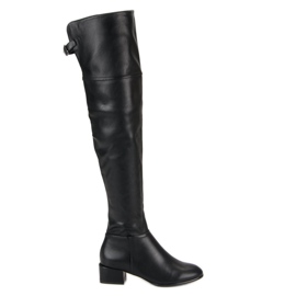 Botas de muslo negras en tacones bajos negro Botas de muslo negras en tacones bajos negro