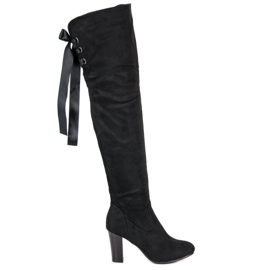 Forever Folie Elegantes botas de tacón alto hasta el muslo negro