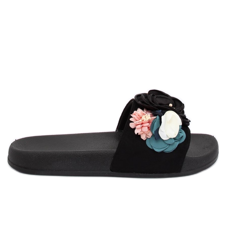 Negro BG19 Pantuflas negras con flores Negro BG19 Pantuflas negras con flores
