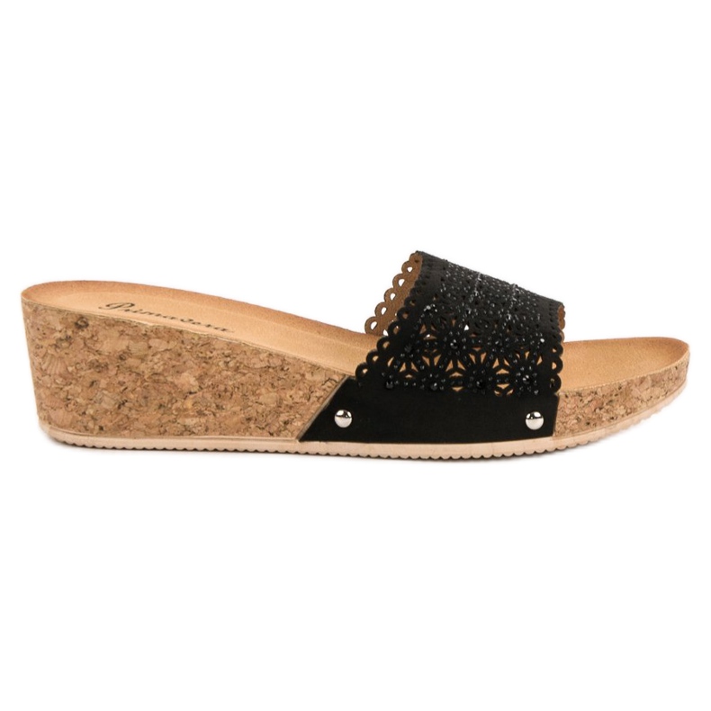 Primavera Zapatillas en una cuña de corcho negro Primavera Zapatillas en una cuña de corcho negro