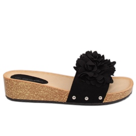 Black S63 Pantuflas negras con flores negro