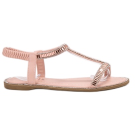 SHELOVET Sandalias planas con cristales rosa