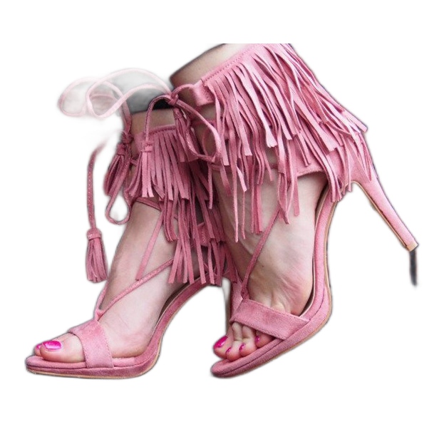 Sandalias de tacón alto con flecos Boho 8125 Rosa rosado