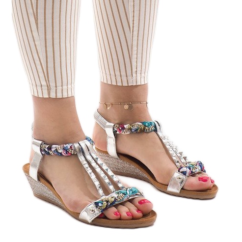 Sandalias de cuña plateadas con tachuelas B132-6 gris multicolor