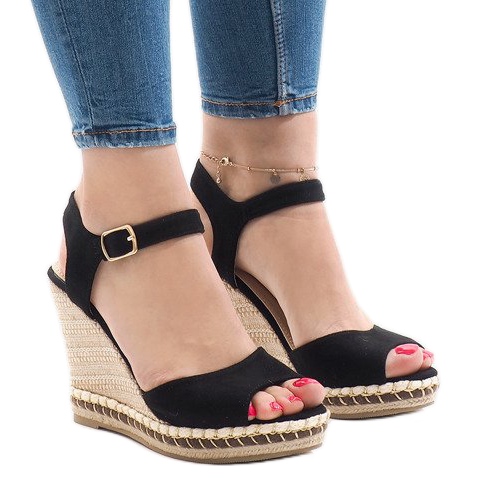 Sandalias de cuña de ante negro LM-8006