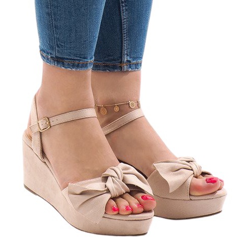 Sandalias de cuña rosa con lazo F055 rojo Sandalias de cuña rosa con lazo F055 rojo