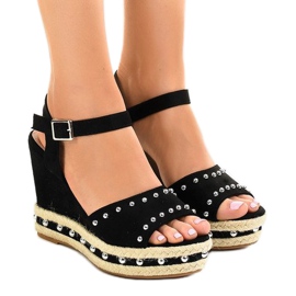 Sandalias de cuña negras con perlas 77-32 negro