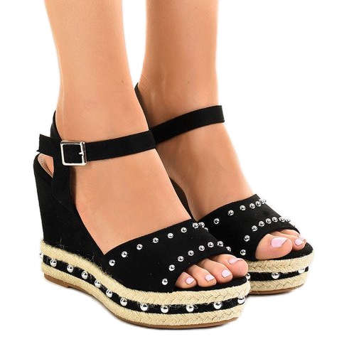 Sandalias de cuña negras con perlas 77-32 negro