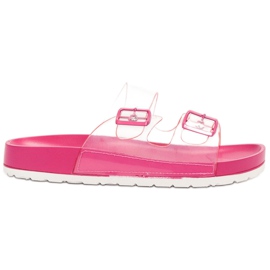 Ideal Shoes Pantuflas transparentes con hebilla rosado