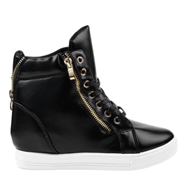 Zapatillas negras con tacón de cuña con cremallera dorada DD477-1 negro