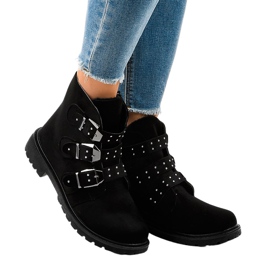 Botines planos de ante negro con hebillas TL95-1
