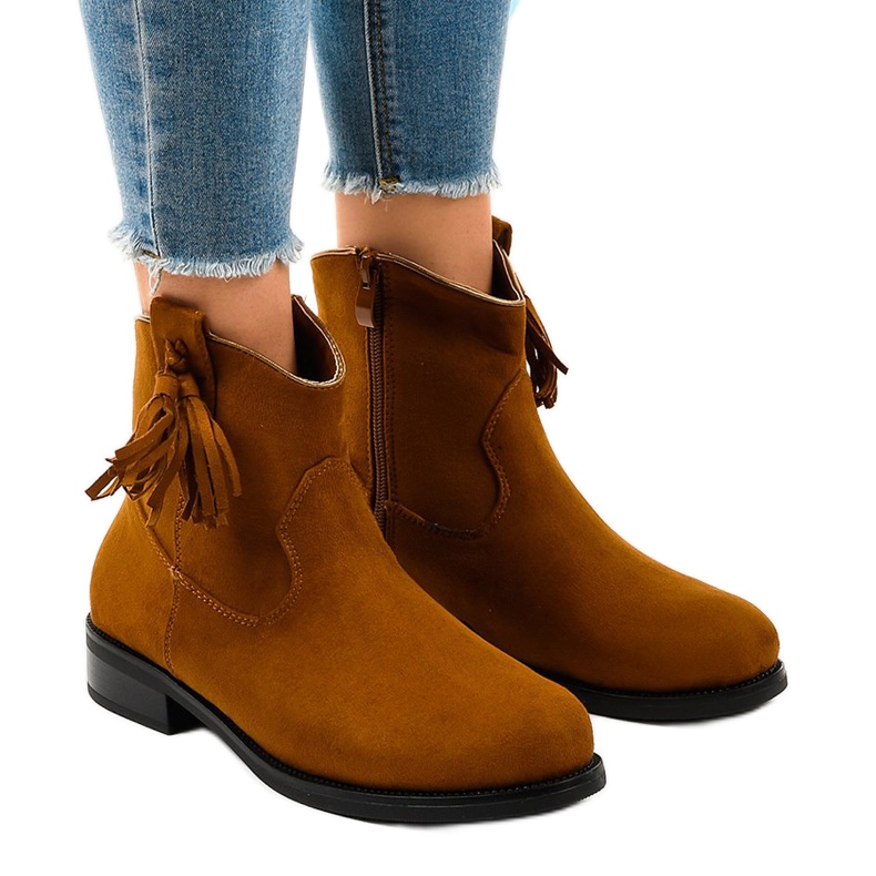 Botas de mujer planas con flecos camel YS476 marrón
