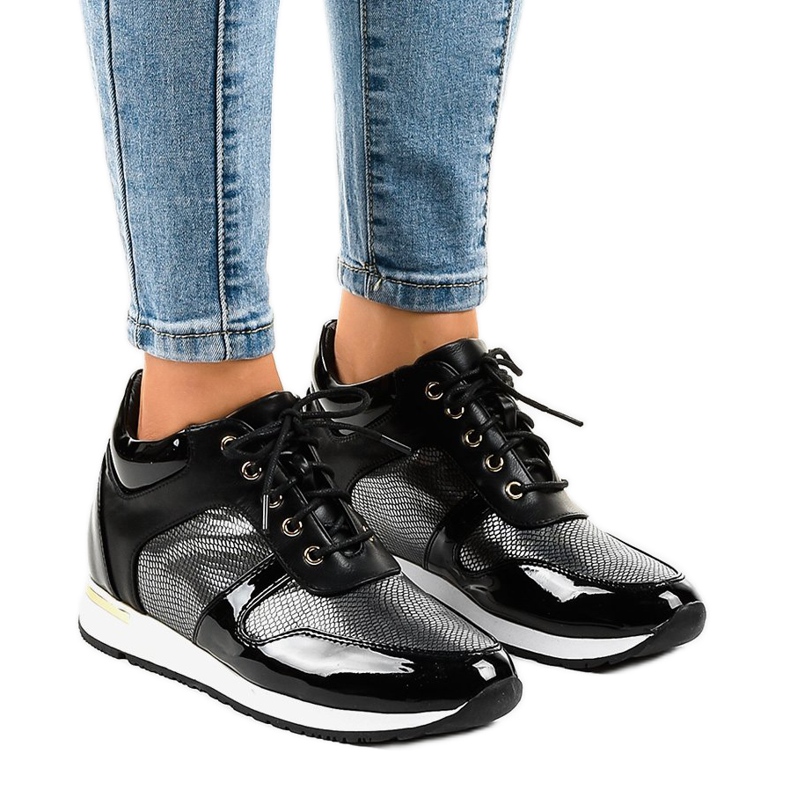 Zapatillas negras con cuñas con cordones S0054-1 negro Zapatillas negras con cuñas con cordones S0054-1 negro