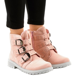 Botines planos de ante rosa con hebillas TL95-4 rosado