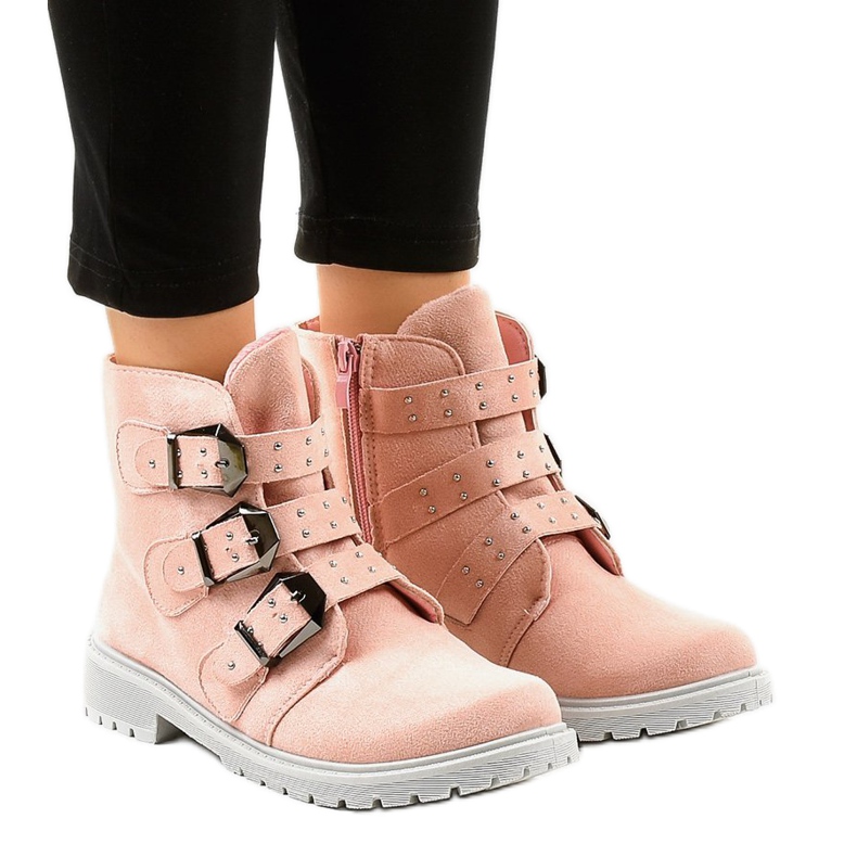 Botines planos de ante rosa con hebillas TL95-4 rosado