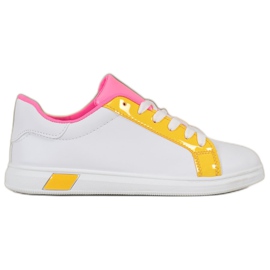 Ideal Shoes Zapatillas de deporte de moda con cuero ecológico blanco naranja rosa multicolor amarillo