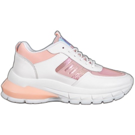 SHELOVET Zapatillas de deporte de cuero ecológico de moda blanco rosado multicolor