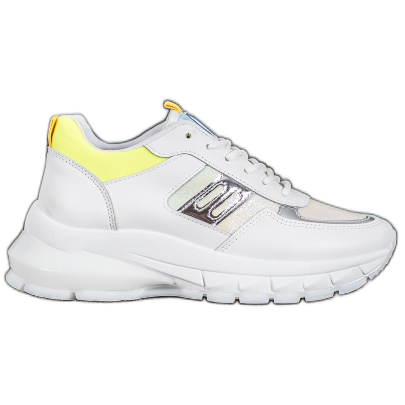 SHELOVET Zapatillas de deporte de cuero ecológico de moda blanco plata amarillo