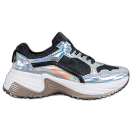 SHELOVET Zapatillas de moda con efecto holo negro plata