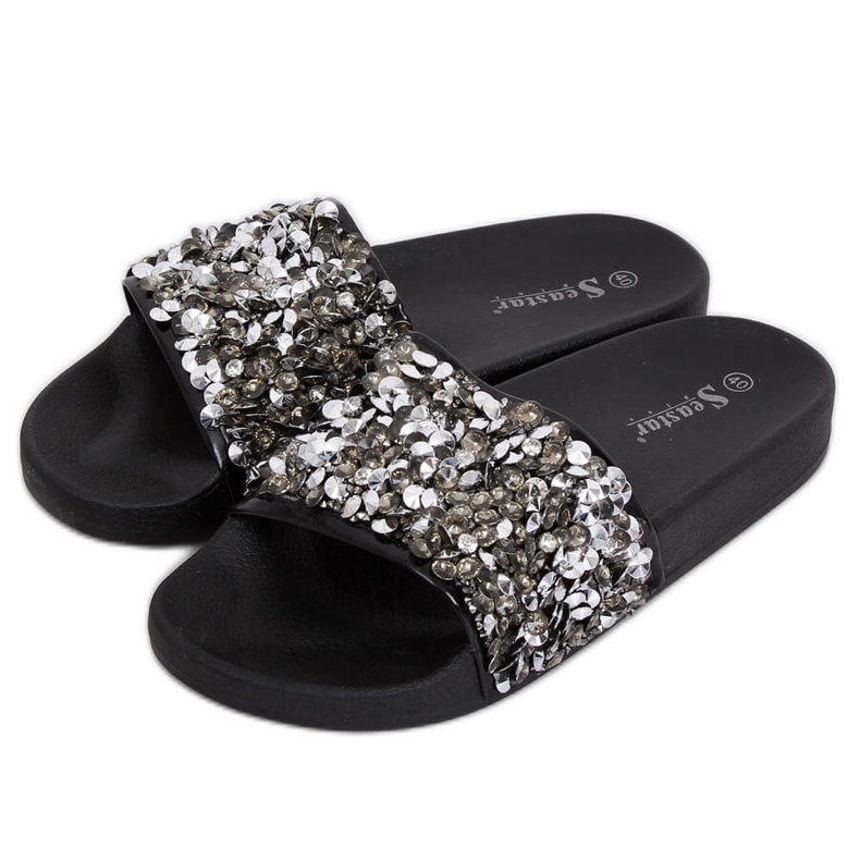 Zapatillas de mujer con piedras negro CK106P Negro gris