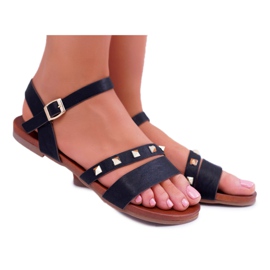 S.Barski Sandalias de Mujer Planas Tachuelas Doradas Black Raven negro
