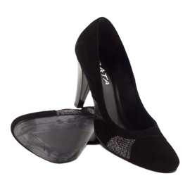 Edeo Bombas de cuero negro para mujeres con hilo plateado