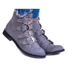 Lu Boo Botas gris oscuro Virginia Rock Star Rivets Buckles Suede