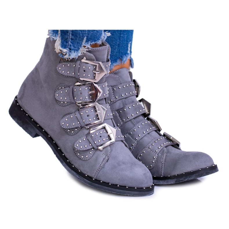Lu Boo Botas gris oscuro Virginia Rock Star Rivets Buckles Suede Lu Boo Botas gris oscuro Virginia Rock Star Rivets Buckles Suede
