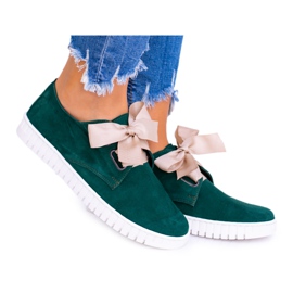Butmil Zapatillas de mujer de cuero verde con lazo