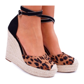 FB2 Sandalias de mujer en una cuña de lino Leopardo Canterola marrón negro