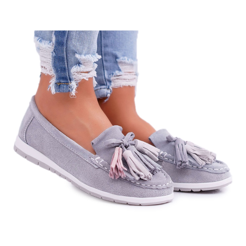 EVE Mocasines de mujer, ante con flecos, batista gris