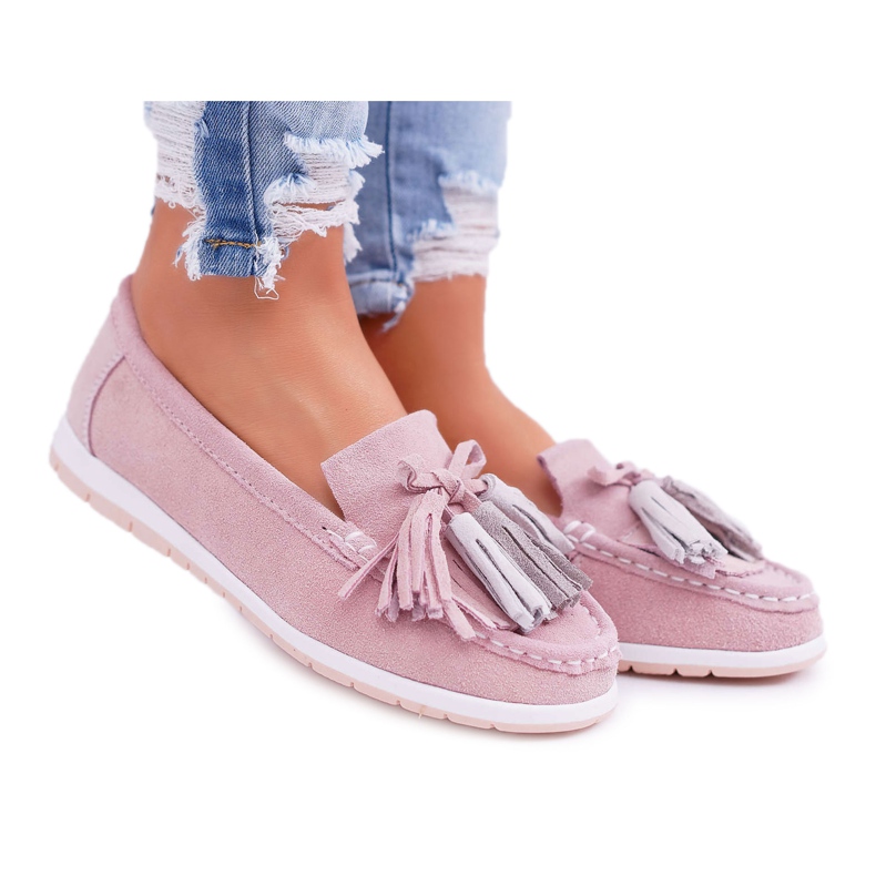 EVE Mocasines de mujer, ante con flecos, batista rosa rosado