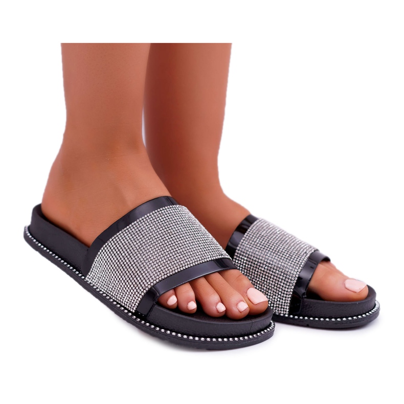 FRBS Pantuflas de mujer perfiladas con circonitas, Negro Rentre