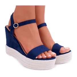 BUGO Sandalias Mujer Con Cuña De Lino Azul Marino Liviana