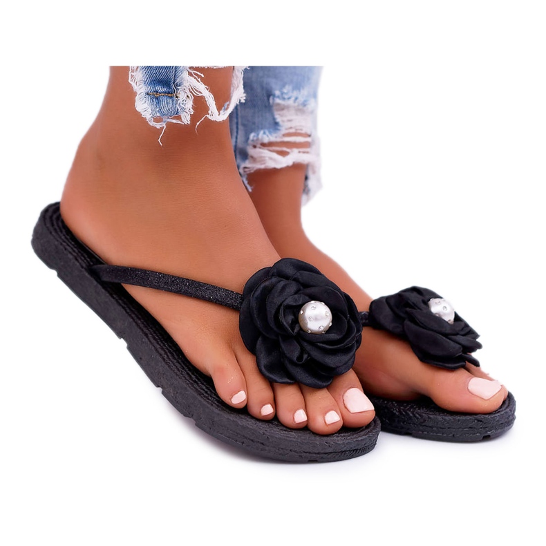 Chanclas de Mujer Black Flower Glitter Elenda negro
