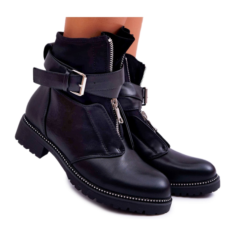SEA Botas militares de tacón plano para mujer Black Travist negro