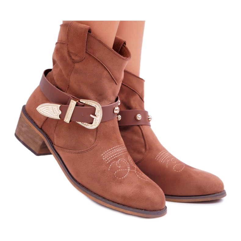 FRBS De Mujer Botas Con Tacón Plano Botas Vaqueras con Hebilla Camel Ewella marrón