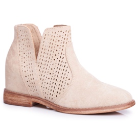 Botas de mujer con tacón plano, ante, calado, tonos capuchino marrón