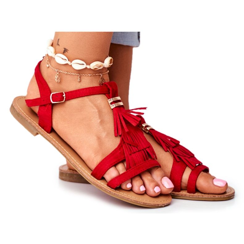 FJ1 Sandalias Planas Mujer Ante Boho Rojo Lucami FJ1 Sandalias Planas Mujer Ante Boho Rojo Lucami