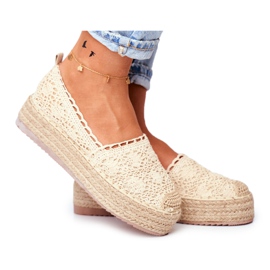 FRJ Alpargatas de encaje para mujer en una plataforma folk beige FRJ Alpargatas de encaje para mujer en una plataforma folk beige
