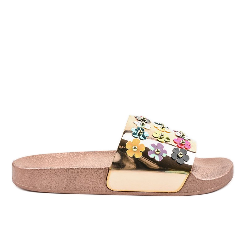 Pantuflas de oro rosa con flores D7659-2 rosado amarillo