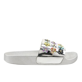 Pantuflas plateadas con flores D7659-3 gris