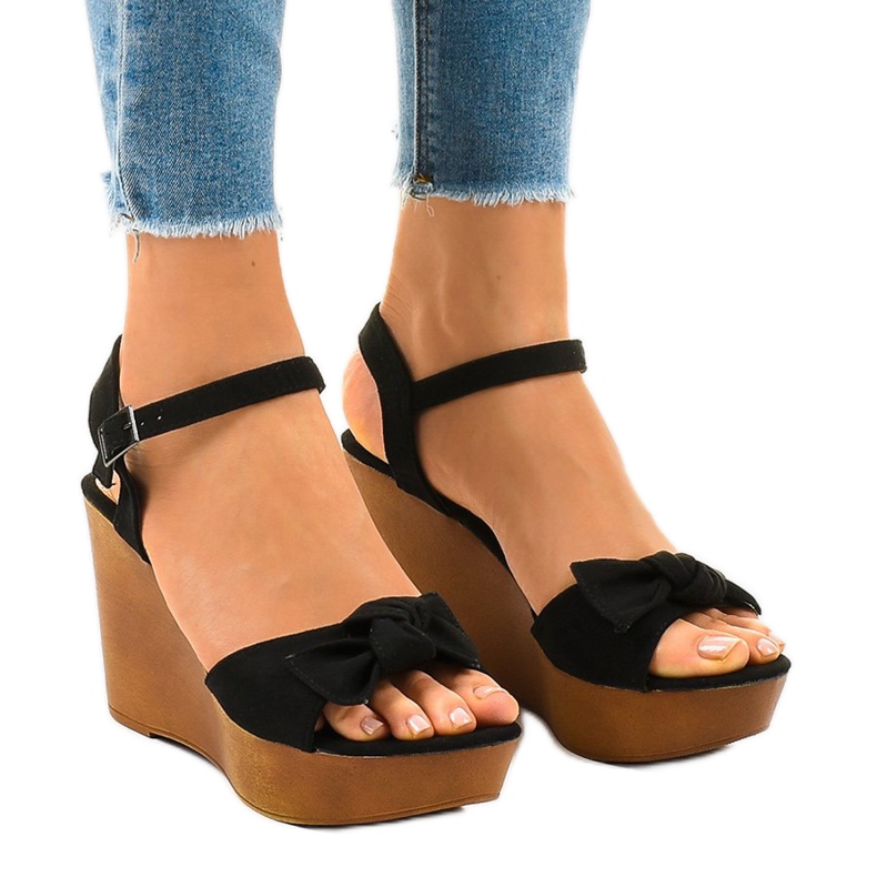 Sandalias de cuña de ante negro HY8542