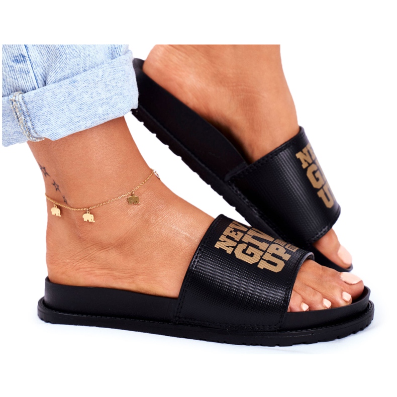 ADY Pantuflas de Mujer Never Give Up2 Gold Black negro ADY Pantuflas de Mujer Never Give Up2 Gold Black negro
