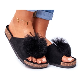 MSMG Pantuflas Mujer Negras En Corcho Con Pompón Galaxo negro