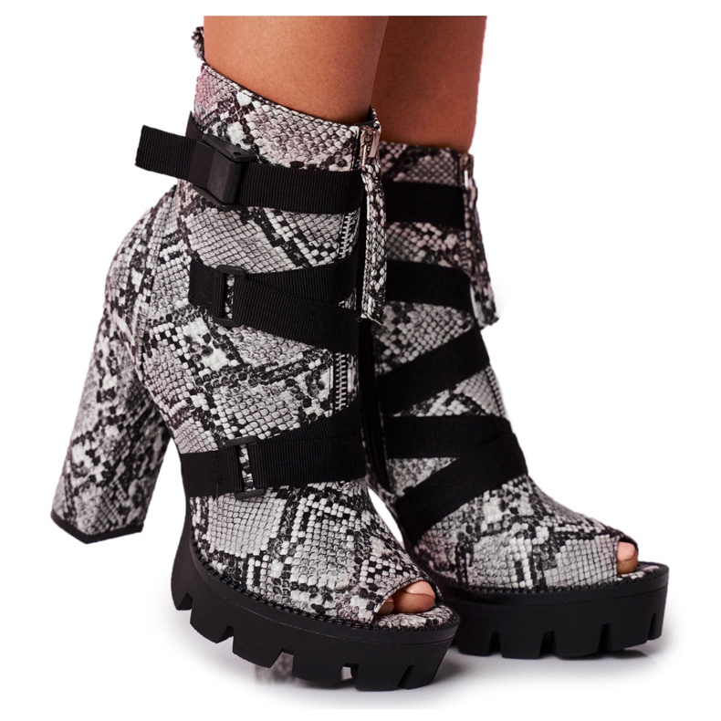 PS1 Botines de Mujer Punta Abierta Piel de Serpiente Gladios negro gris