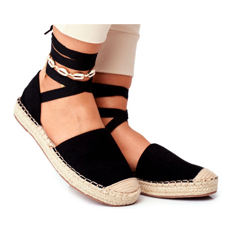 SEA Alpargatas de mujer, atadas con lino, Black Bonjour negro