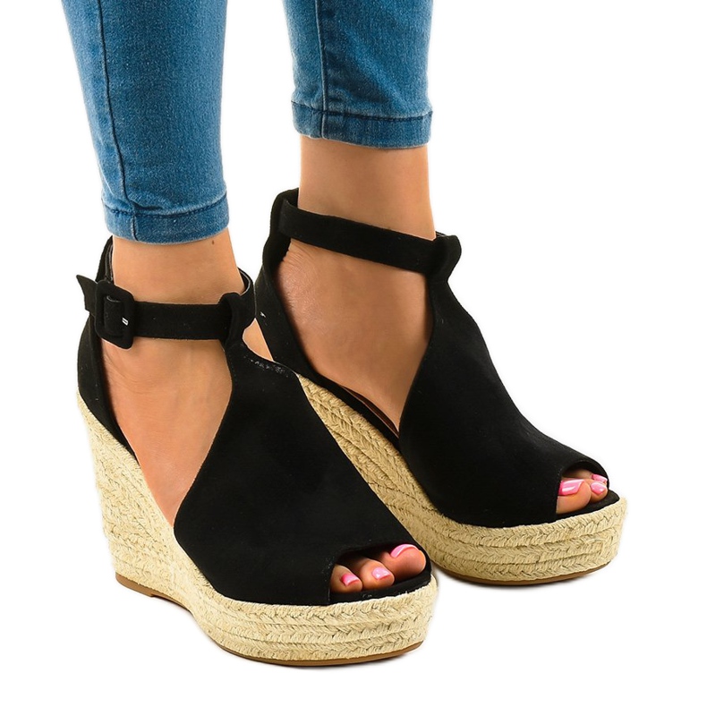 BM Sandalias de cuña negras con alpargatas 108-11 negro